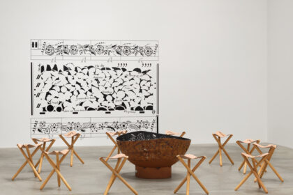 Soundings 2. job Tania Willard, Surrounded/Surrounding, 2018, wood burning fire ring, laser etched leather, wood, vinyl transfer. Collection of the artist. Installed at the Morris and Helen Belkin Art Gallery, University of British Columbia . Photo: Rachel Topham Photography.