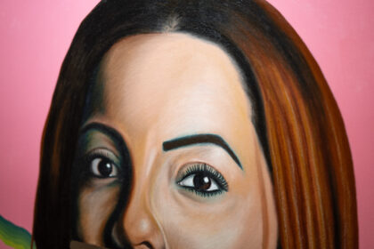 A Land that Remembers (Jennifer S.) 2025 Artist: Alejandro Macias Oil, oil pastel, acrylic on canvas mounted over monitor, 66” x 54”.